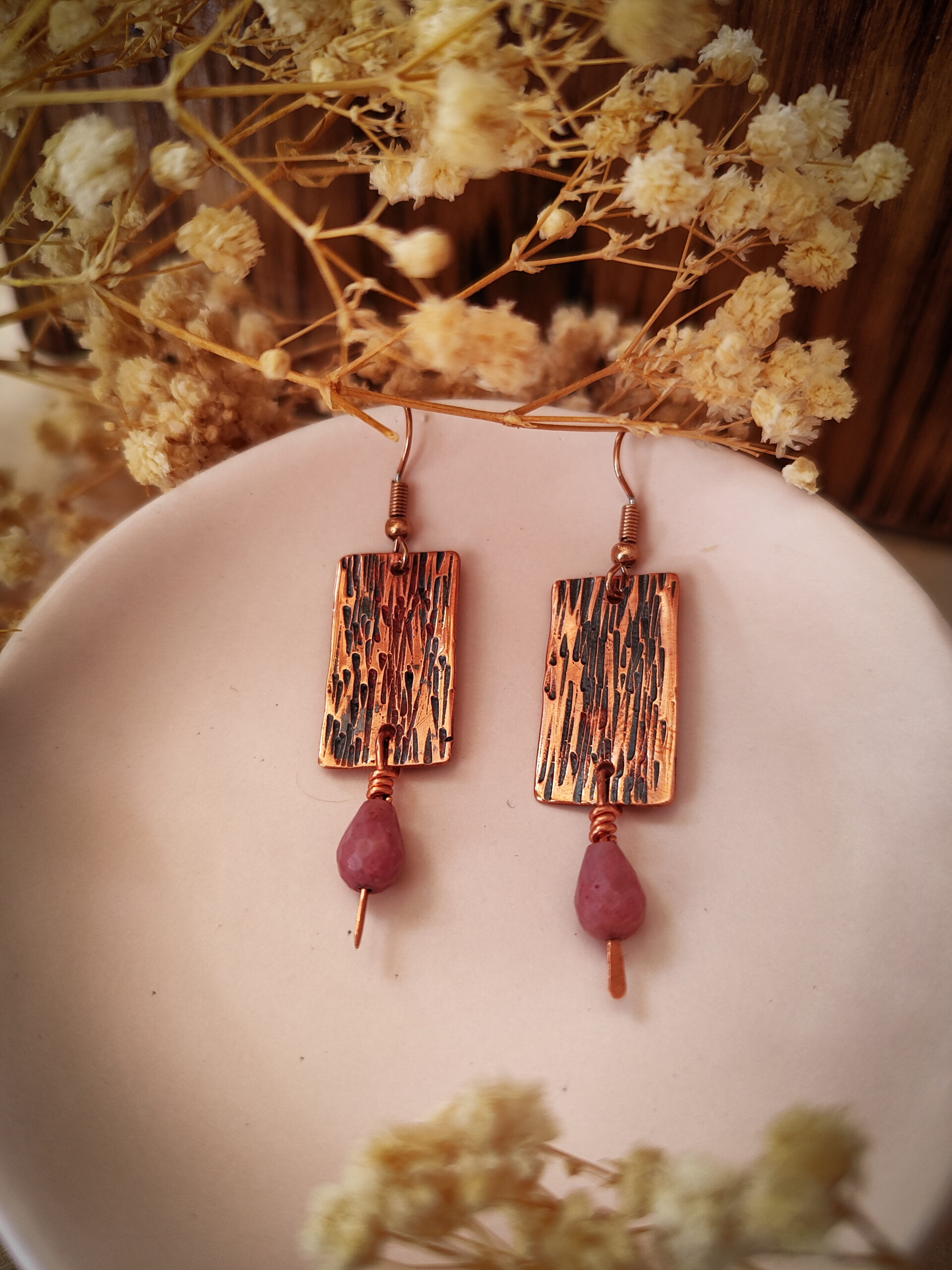 Miedziane kolczyki z rodonitem KORA